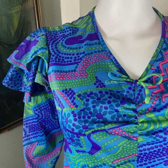 Vintage 70s Gay Gibson Psychedelic Ruffle Flutter Sleeve Maxi Dress Abstract S/M - Picture 4 of 15